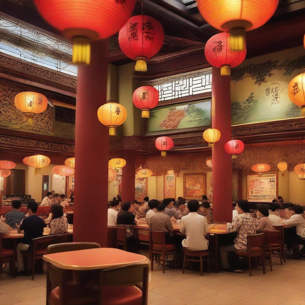 A vibrant and bustling oriental cafeteria filled with people enjoying various Asian dishes