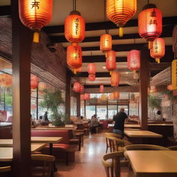 A vibrant and bustling oriental cafeteria filled with people enjoying various Asian dishes