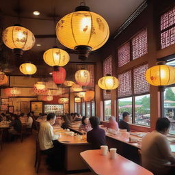 A vibrant and bustling oriental cafeteria filled with people enjoying various Asian dishes