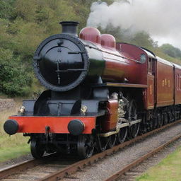 An impeccably maintained LMS Jubilee class steam tender engine, radiating an aura of grandeur as it stands majestically on gleaming metal tracks.