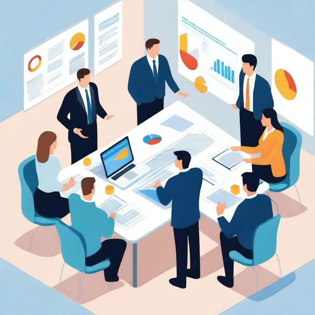 A detailed illustration of business actions, including meetings, financial charts, and teamwork