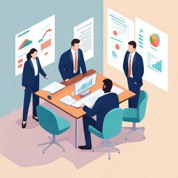 A detailed illustration of business actions, including meetings, financial charts, and teamwork