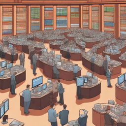 A detailed illustration of a stock market scene, featuring a bustling trading floor with brokers, stock tickers, and charts