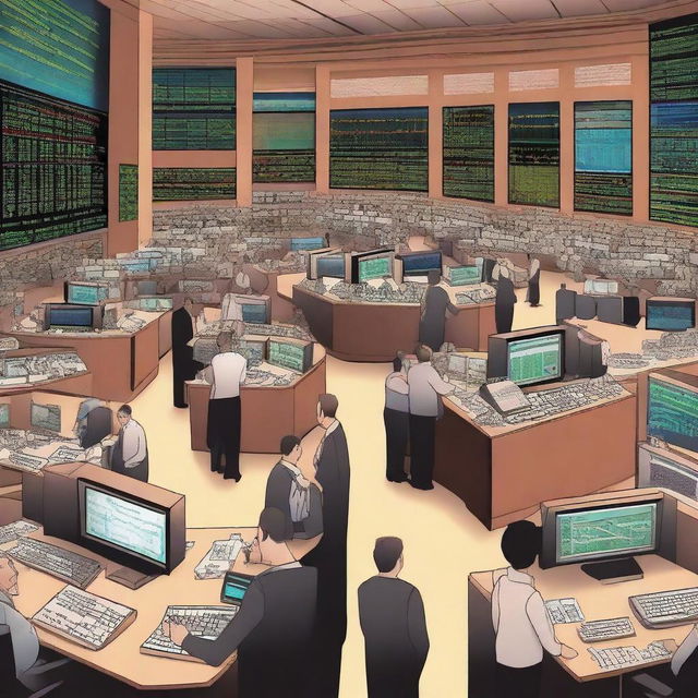 A detailed illustration of a stock market scene, featuring a bustling trading floor with brokers, stock tickers, and charts