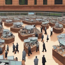 A detailed illustration of a stock market scene, featuring a bustling trading floor with brokers, stock tickers, and charts