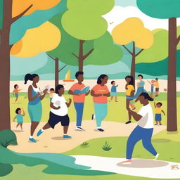 A group of diverse people engaging in various activities like sports, reading, painting, and playing music in a vibrant park setting