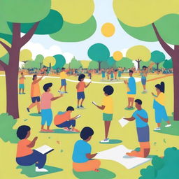 A group of diverse people engaging in various activities like sports, reading, painting, and playing music in a vibrant park setting