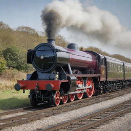 An impeccably maintained LMS Jubilee class steam tender engine, radiating an aura of grandeur as it stands majestically on gleaming metal tracks.