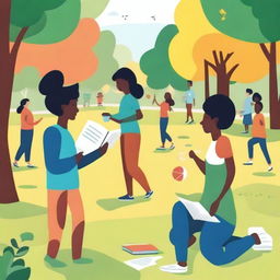 A group of diverse people engaging in various activities like sports, reading, painting, and playing music in a vibrant park setting