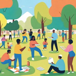 A group of diverse people engaging in various activities like sports, reading, painting, and playing music in a vibrant park setting