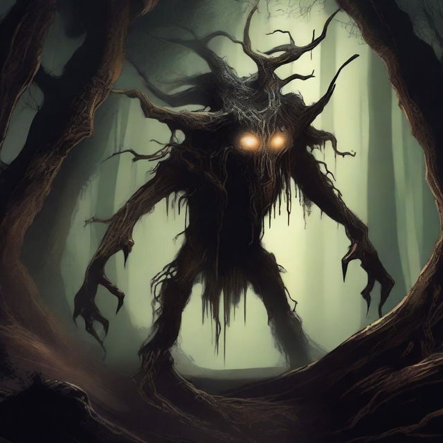 A horrifying wood creature with skin like tree bark, lurking in an underground cavern