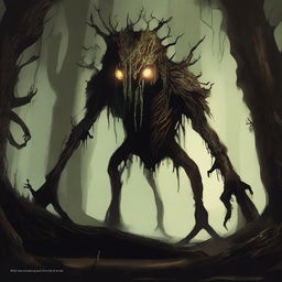 A horrifying wood creature with skin like tree bark, lurking in an underground cavern