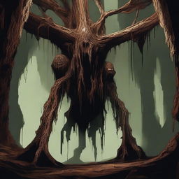 A horrifying wood creature with skin like tree bark, lurking in an underground cavern