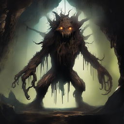 A horrifying wood creature with skin like tree bark, lurking in an underground cavern