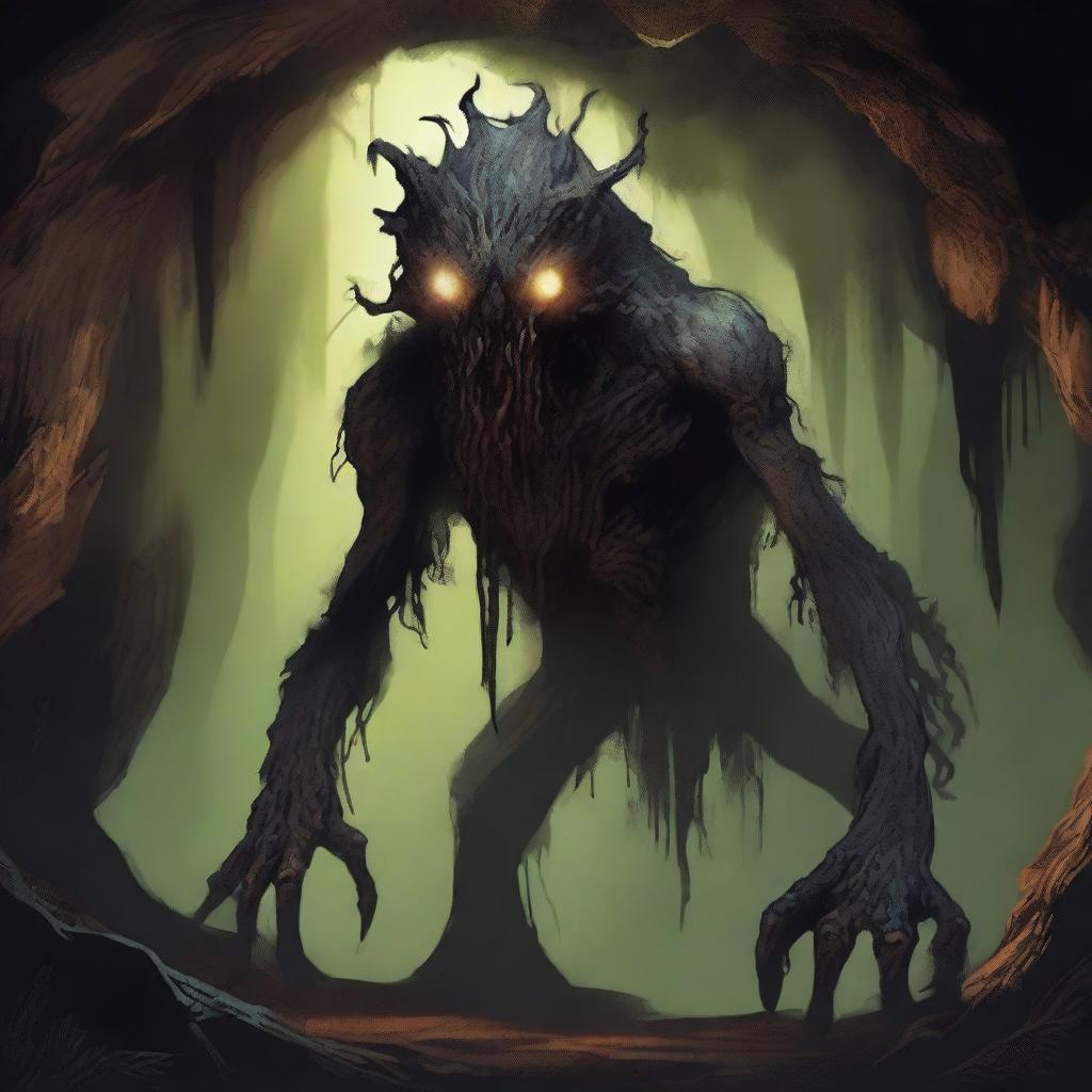 A horrifying creature with skin like tree bark, lurking in an underground cavern