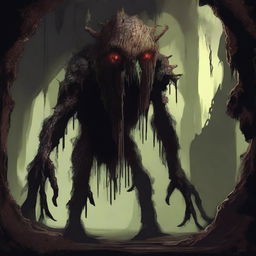 A horrifying creature with skin like tree bark, lurking in an underground cavern