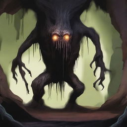 A horrifying creature with skin like tree bark, lurking in an underground cavern