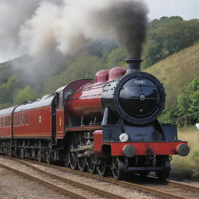 An impeccably maintained LMS Jubilee class steam tender engine, radiating an aura of grandeur as it stands majestically on gleaming metal tracks.