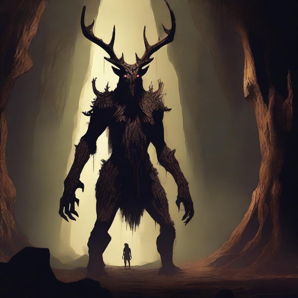 A horrifying, tall creature with skin like tree bark, standing menacingly in an expansive underground cavern