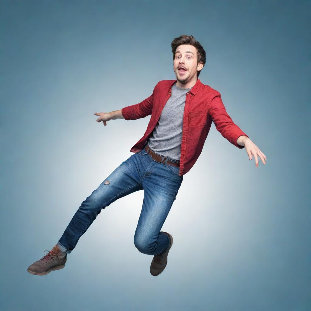 Generate an imaginative image of YouTube star AuronPlay, depicted humorously as if he's flying or levitating in a whimsical, cartoon-like style.