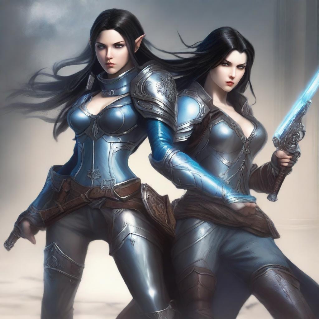 A female fair-skinned elf with long black hair and icy blue eyes posing for a battle shot