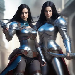 A female fair-skinned elf with long black hair and icy blue eyes posing for a battle shot