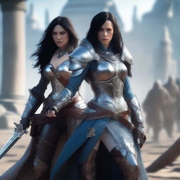 A female fair-skinned elf with long black hair and icy blue eyes posing for a battle shot