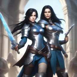 A female fair-skinned elf with long black hair and icy blue eyes posing for a battle shot