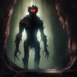 A horrifying, towering creature with skin like tree bark, standing menacingly in an expansive underground cavern