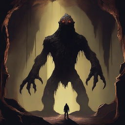 A horrifying, towering creature with skin like tree bark, standing menacingly in an expansive underground cavern