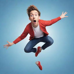 Generate an imaginative image of YouTube star AuronPlay, depicted humorously as if he's flying or levitating in a whimsical, cartoon-like style.