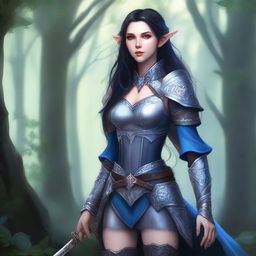 A full-body illustration of a female elf with fair skin, long black hair, and icy blue eyes