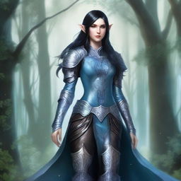 A full-body illustration of a female elf with fair skin, long black hair, and icy blue eyes