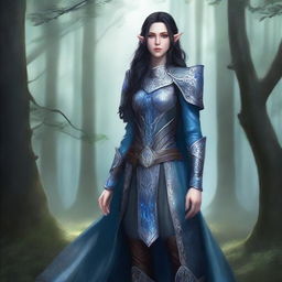 A full-body illustration of a female elf with fair skin, long black hair, and icy blue eyes