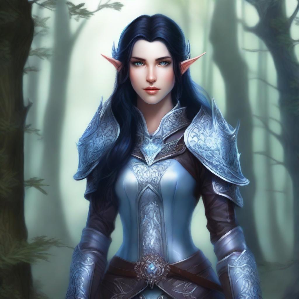 A full-body illustration of a female elf with fair skin, long black hair, and icy blue eyes