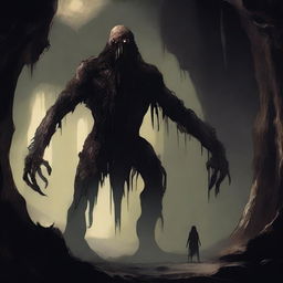 A horrifying, towering creature with skin like tree bark, standing alone in an expansive underground cavern