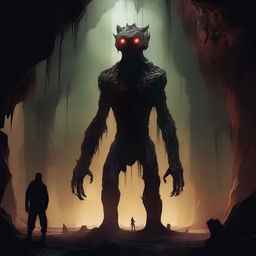 A horrifying, towering creature with skin like tree bark, standing alone in an expansive underground cavern