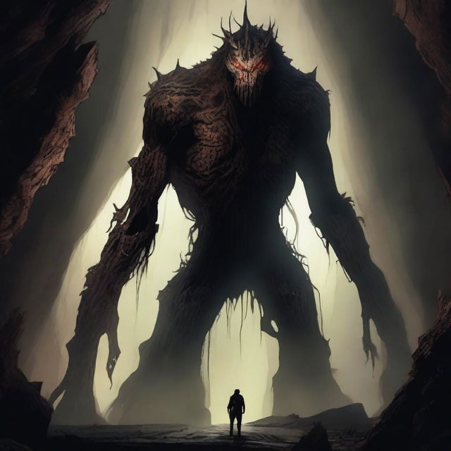 A horrifying, towering creature with skin like tree bark, standing alone in an expansive underground cavern