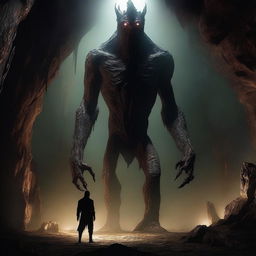 A photorealistic depiction of a horrifying, towering creature with skin like tree bark, standing alone in an expansive underground cavern