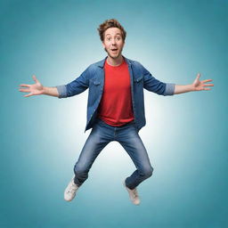 Generate an imaginative image of YouTube star AuronPlay, depicted humorously as if he's flying or levitating in a whimsical, cartoon-like style.