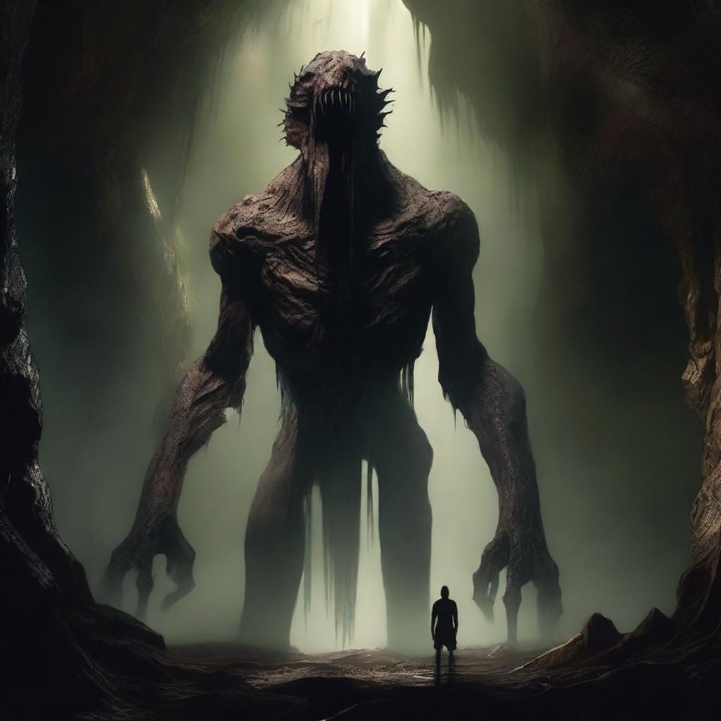 A photorealistic depiction of a horrifying, towering creature with skin like tree bark, standing alone in an expansive underground cavern