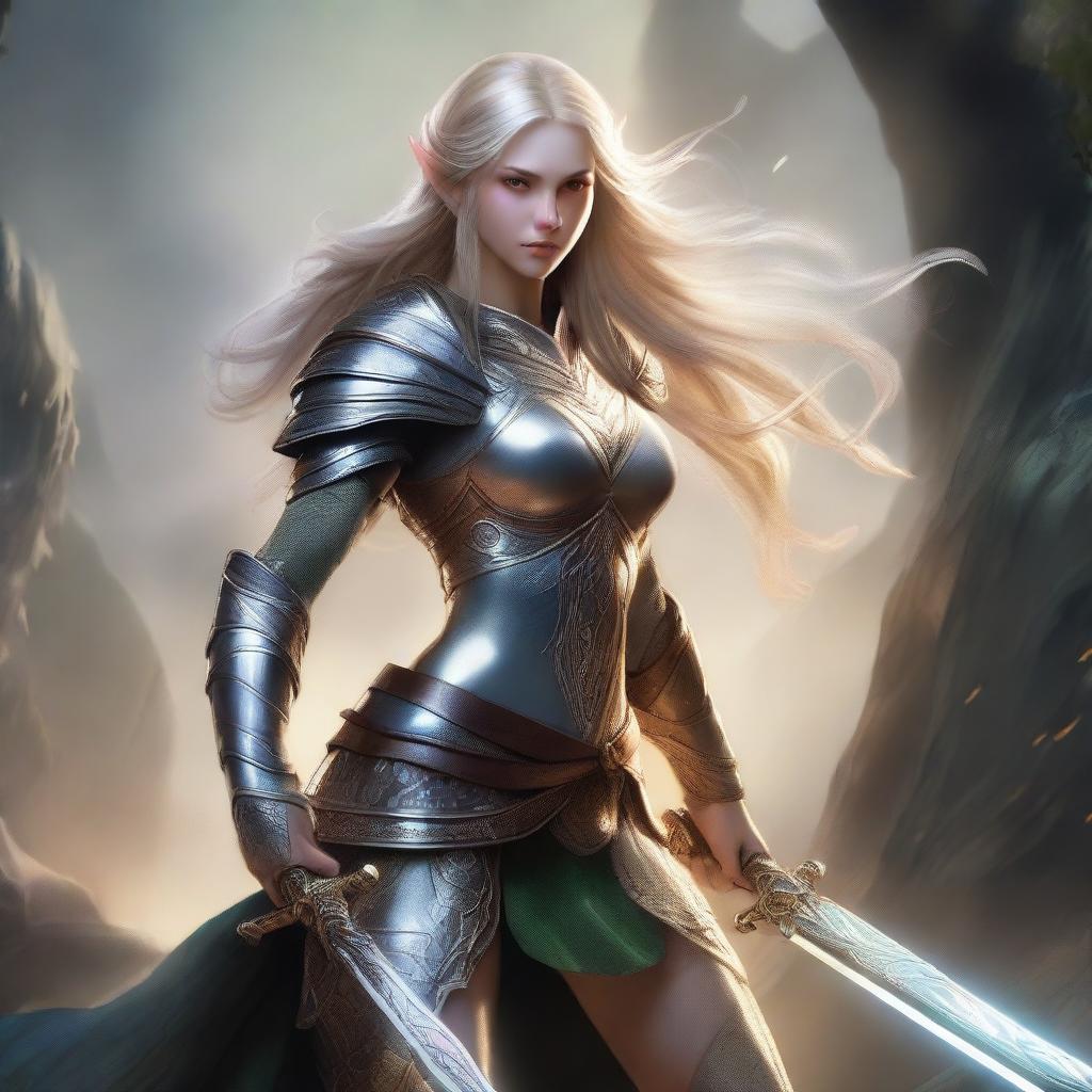 A fair-skinned female elf in battle, wielding a glowing sword and wearing intricately designed armor