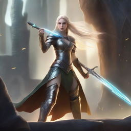 A fair-skinned female elf in battle, wielding a glowing sword and wearing intricately designed armor