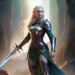 A fair-skinned female elf in battle, wielding a glowing sword and wearing intricately designed armor