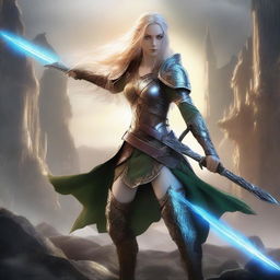 A fair-skinned female elf in battle, wielding a glowing sword and wearing intricately designed armor