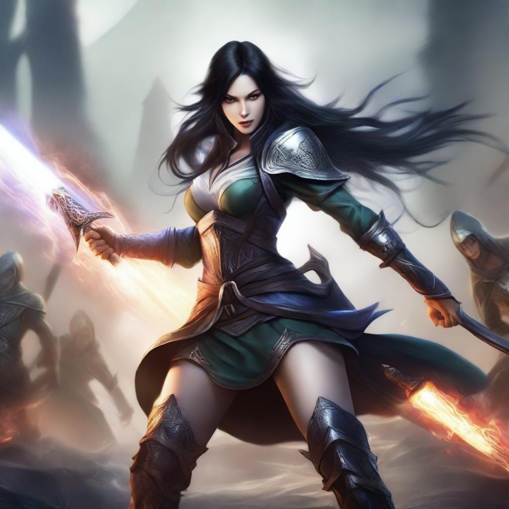 A fierce female elf with fair skin and long black hair, engaged in an intense battle