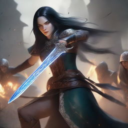 A fierce female elf with fair skin and long black hair, engaged in an intense battle