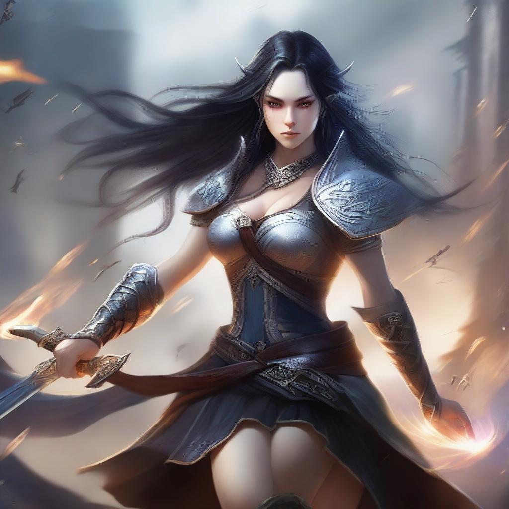 A fierce female elf with fair skin and long black hair, engaged in an intense battle