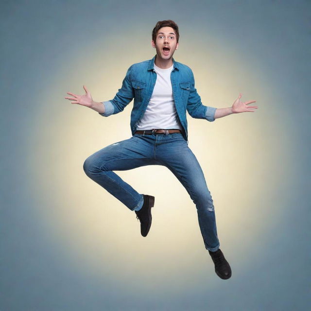 Generate an imaginative image of YouTube star AuronPlay, depicted humorously as if he's flying or levitating in a whimsical, cartoon-like style.