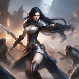 A fierce female elf with fair skin and long black hair, engaged in an intense battle